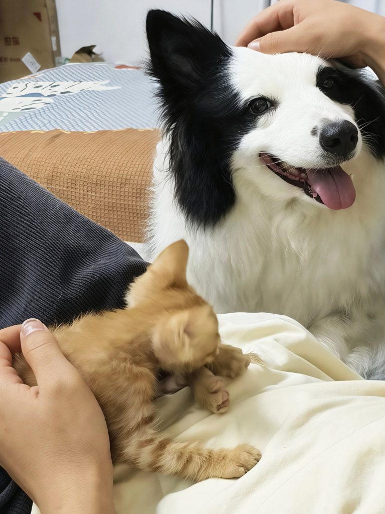 Biscuit the dog smiling while being petted, with Marmalade the orange kitten resting on a blanket in front of him