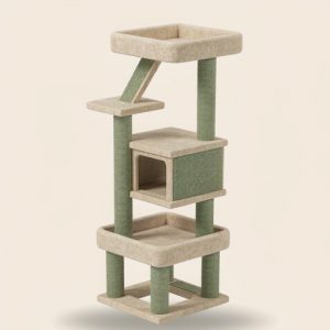 Illustration of a tall multi-level cat tree with sisal posts and padded perches
