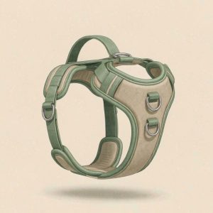 Illustration of a front-clip dog harness with a padded chest plate and top grab handle