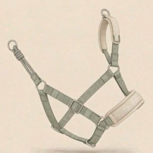 Illustration of a padded head collar for dogs with a nose loop and side leash ring