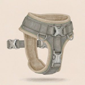 Illustration of a wide-chested dog harness with three buckles and two metal rings