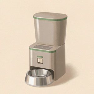 Illustration of a large-capacity automatic pet feeder with tall hopper and steel bowl