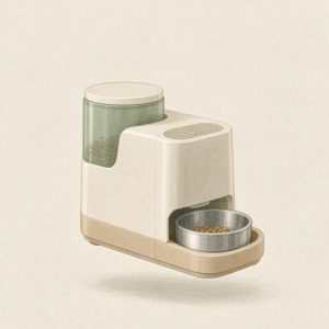 Illustration of a compact budget automatic pet feeder with clear hopper