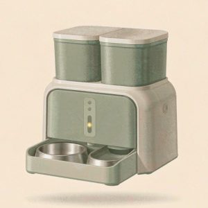 Illustration of a dual-hopper automatic feeder with two steel bowls for two cats