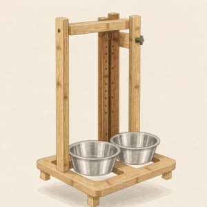 Illustration of an adjustable-height elevated dog bowl stand with two steel bowls