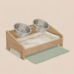 Illustration of a tilted elevated cat bowl stand with two steel bowls