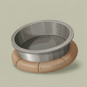 Illustration of a raised stainless steel pet bowl with a non-slip rubber base