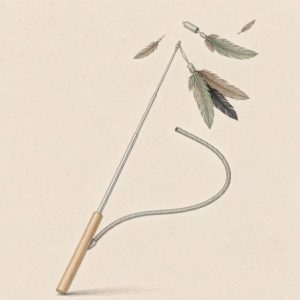 Illustration of a retractable cat wand toy with feather teasers and spare refills