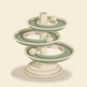 Illustration of a three-level cat ball track toy with stacked circular tracks