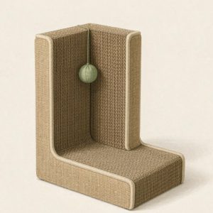 Illustration of an L-shaped corrugated cardboard cat scratcher with a hanging ball