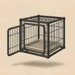 Illustration of a large folding wire dog crate with one door and a removable tray