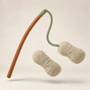 Illustration of a flirt pole dog toy with a braided cord and soft lure