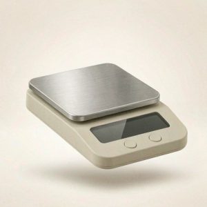 Illustration of a compact digital kitchen scale with a stainless steel platform