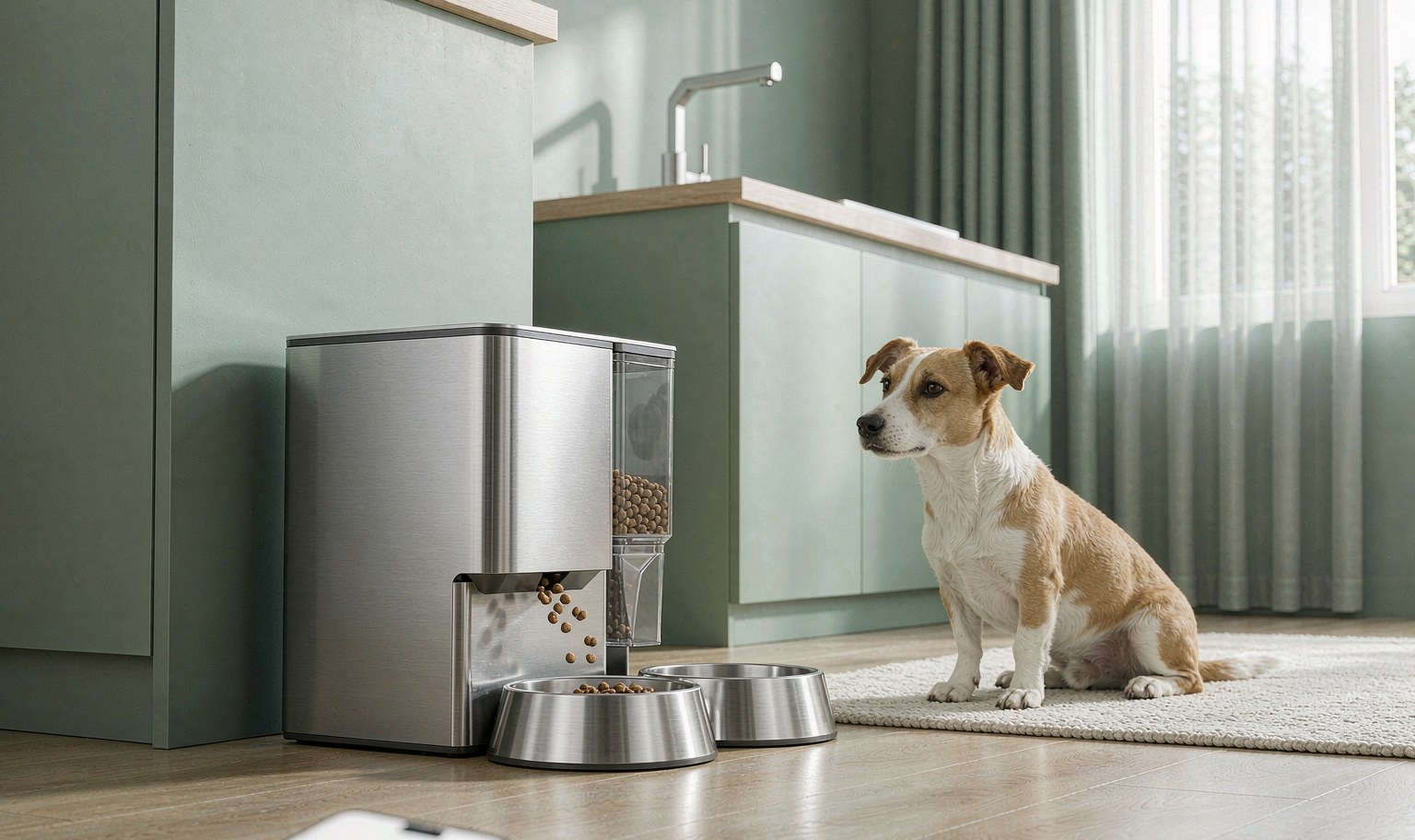 A stainless steel automatic pet feeder dropping kibble into a bowl while a small dog waits patiently