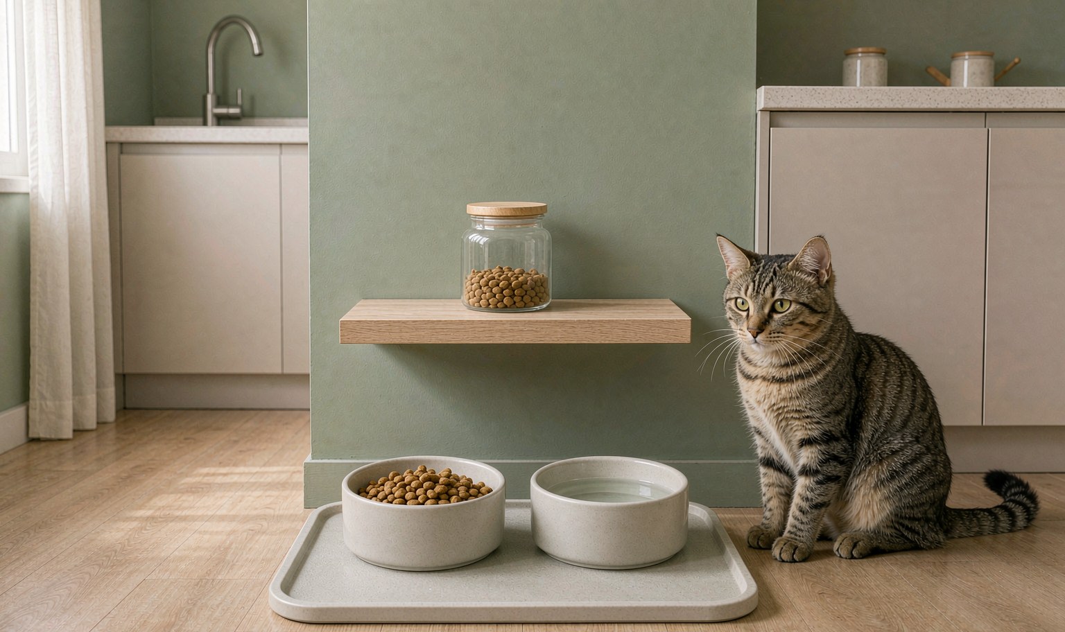 A tidy pet feeding corner in a small kitchen with two ceramic bowls on a feeding mat and a cat waiting beside it