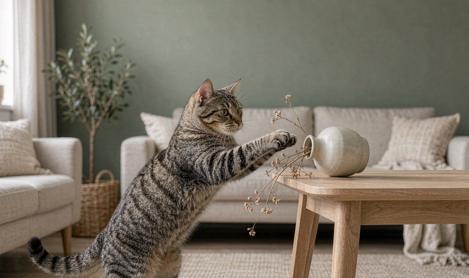 A tabby cat reaching out a paw to push a small ceramic vase off the edge of a light oak side table