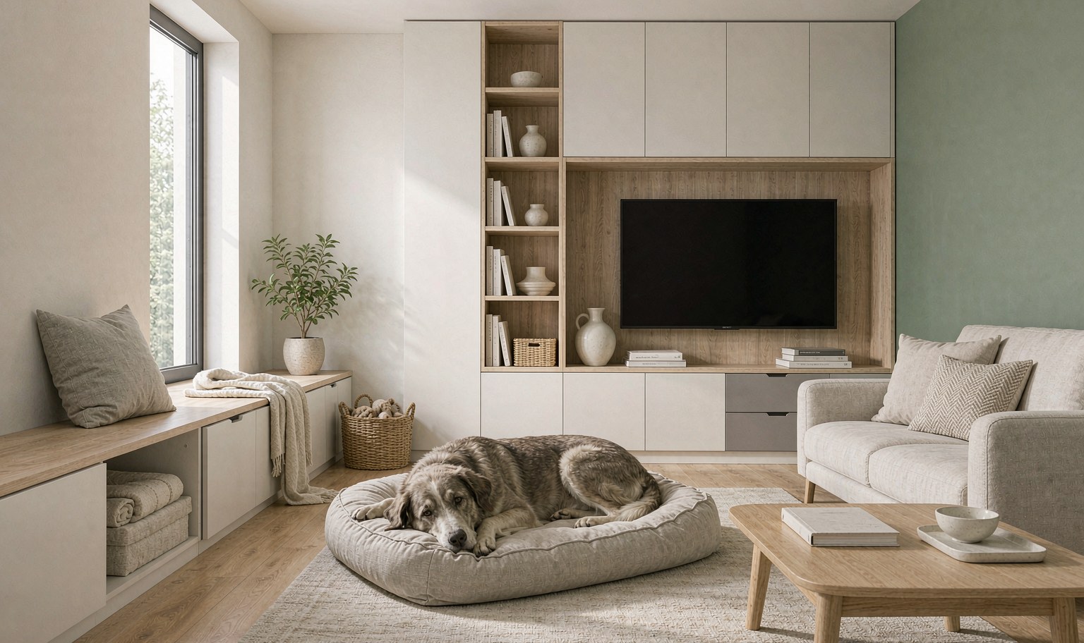 A large dog lying on a thick bed in a compact but tidy modern apartment living room with built-in storage